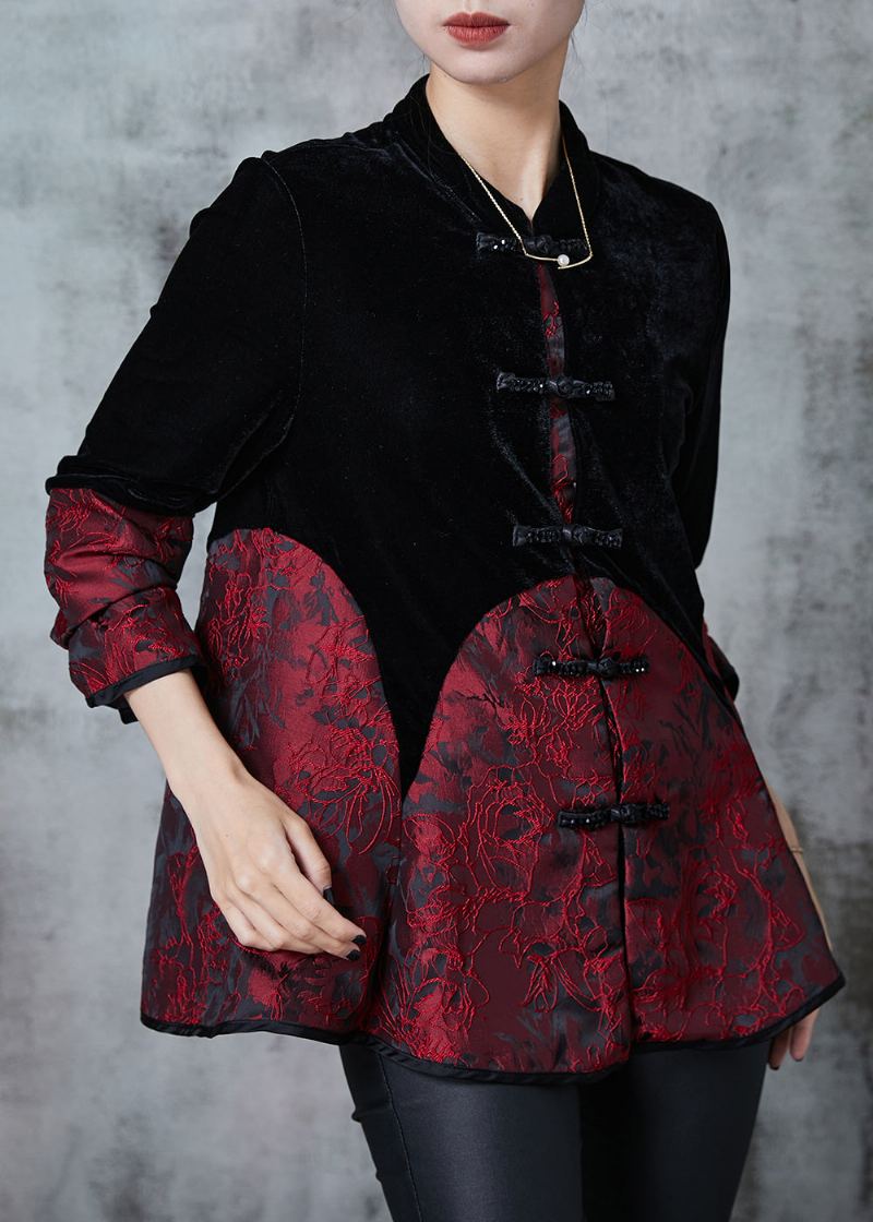 Manteaux Orientaux En Velours Élégants Boutons Chinois Noirs Patchwork Automne - Manteaux d'hiver femmes