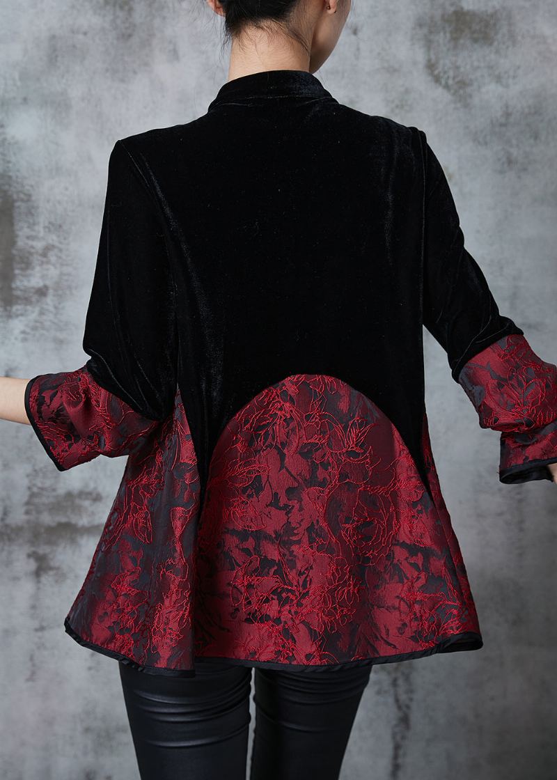 Manteaux Orientaux En Velours Élégants Boutons Chinois Noirs Patchwork Automne - Manteaux d'hiver femmes