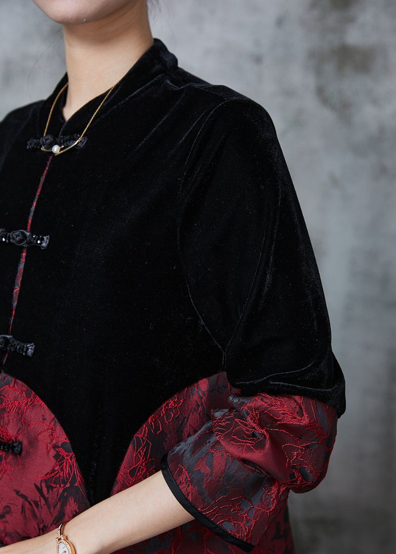 Manteaux Orientaux En Velours Élégants Boutons Chinois Noirs Patchwork Automne - Manteaux d'hiver femmes