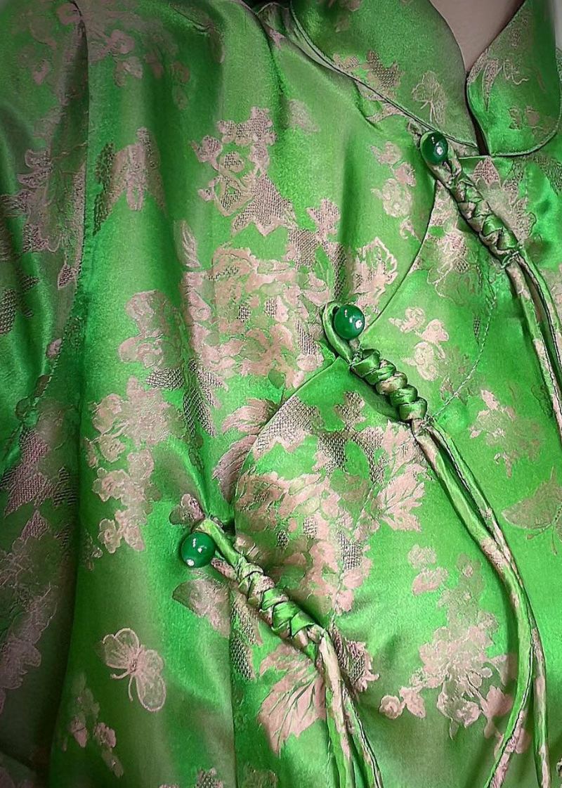 Manteaux En Soie Jacquard À Col Montant Avec Boutons Verts De Style Chinois Printemps - Manteaux d'hiver femmes