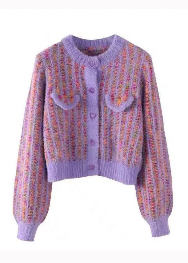 Manteaux Tricotés En Poils De Vison Violets Élégants À Col Rond Boutons Automne - Manteaux d'hiver femmes