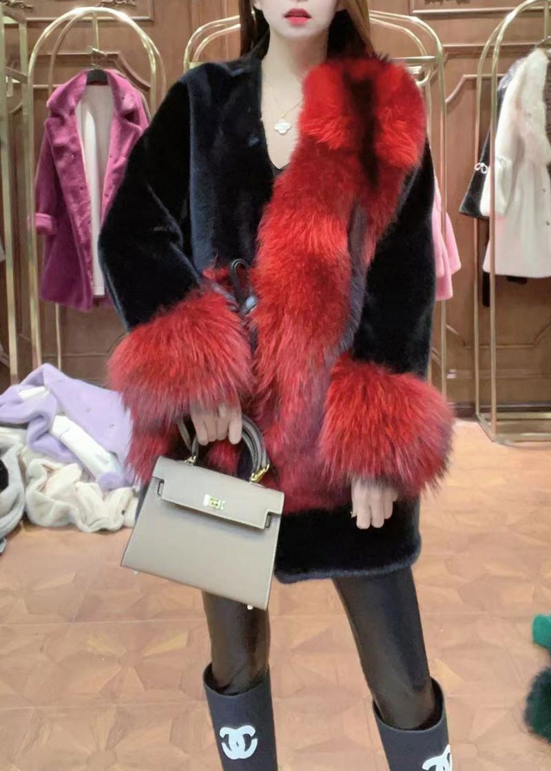 Manteaux En Velours De Vison Épais Rouge Unique Col En V Taille Hiver