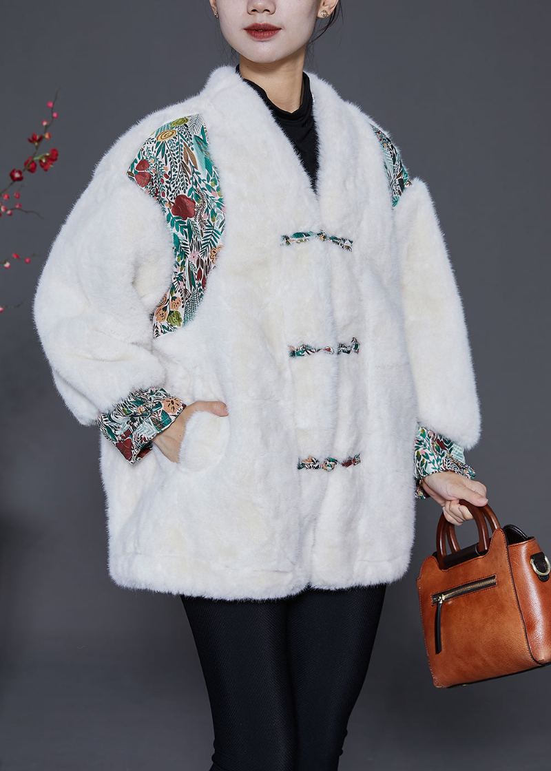 Mode Blanc Surdimensionné Patchwork Bouton Chinois Veste En Fausse Fourrure Hiver - Manteaux d'hiver femmes