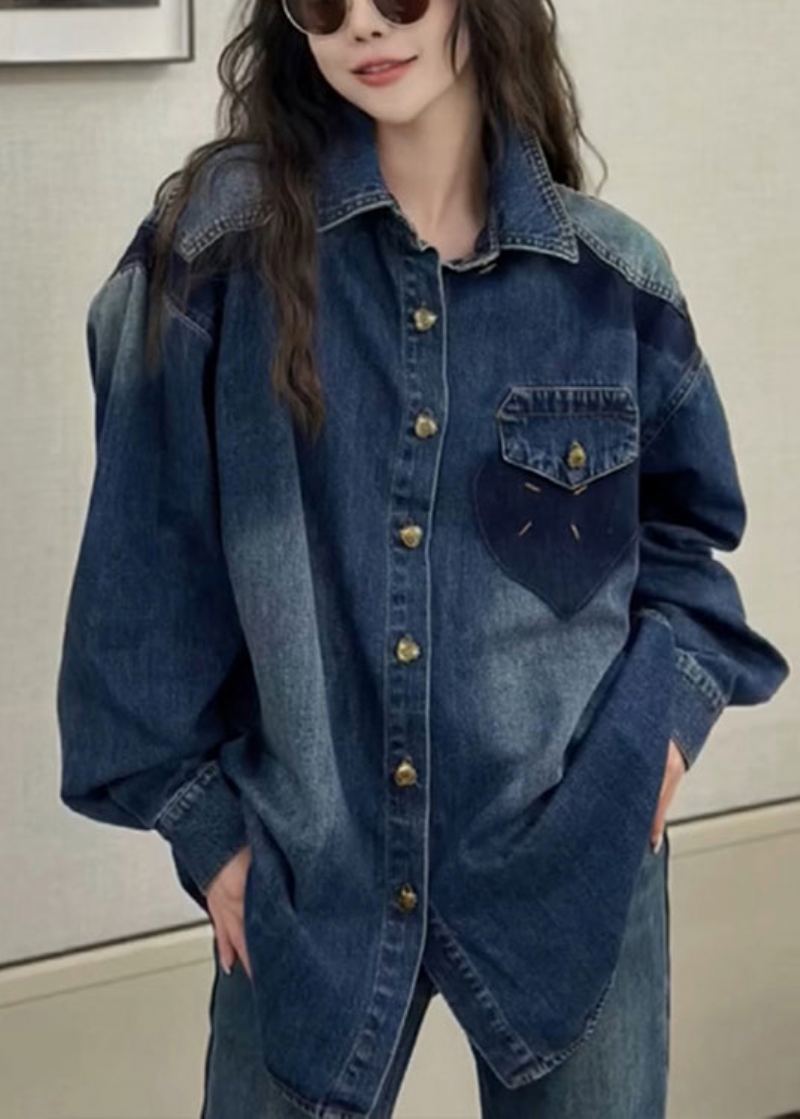 Nouveau Bleu Col Claudine Bouton Denim Chemises Manteaux À Manches Longues - Manteaux d'hiver femmes