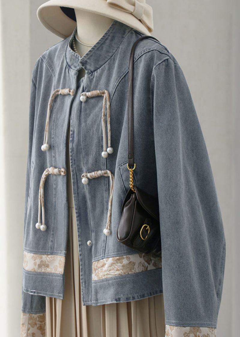 Nouveau Bleu Col Montant Bouton Patchwork Denim Manteaux À Manches Longues - Manteaux d'hiver femmes