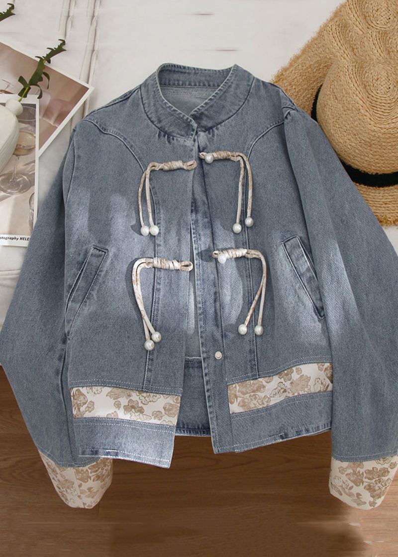Nouveau Bleu Col Montant Bouton Patchwork Denim Manteaux À Manches Longues - Manteaux d'hiver femmes