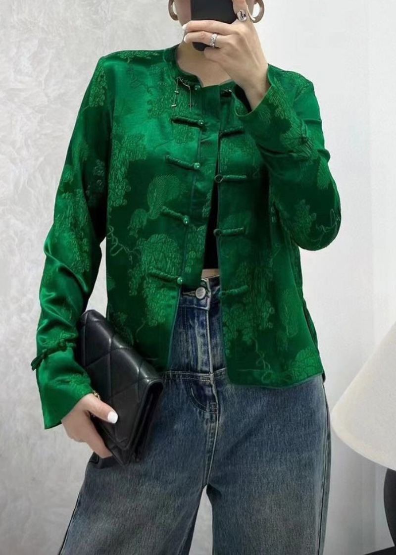 Nouveau Bouton Imprimé Vert Chemises En Soie Manteaux À Manches Longues - Manteaux d'hiver femmes
