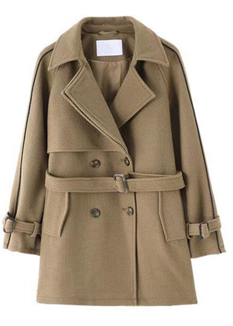 Nouveau Café Bouton Cravate Taille Patchwork Laine Manteaux Automne - Manteaux d'hiver femmes