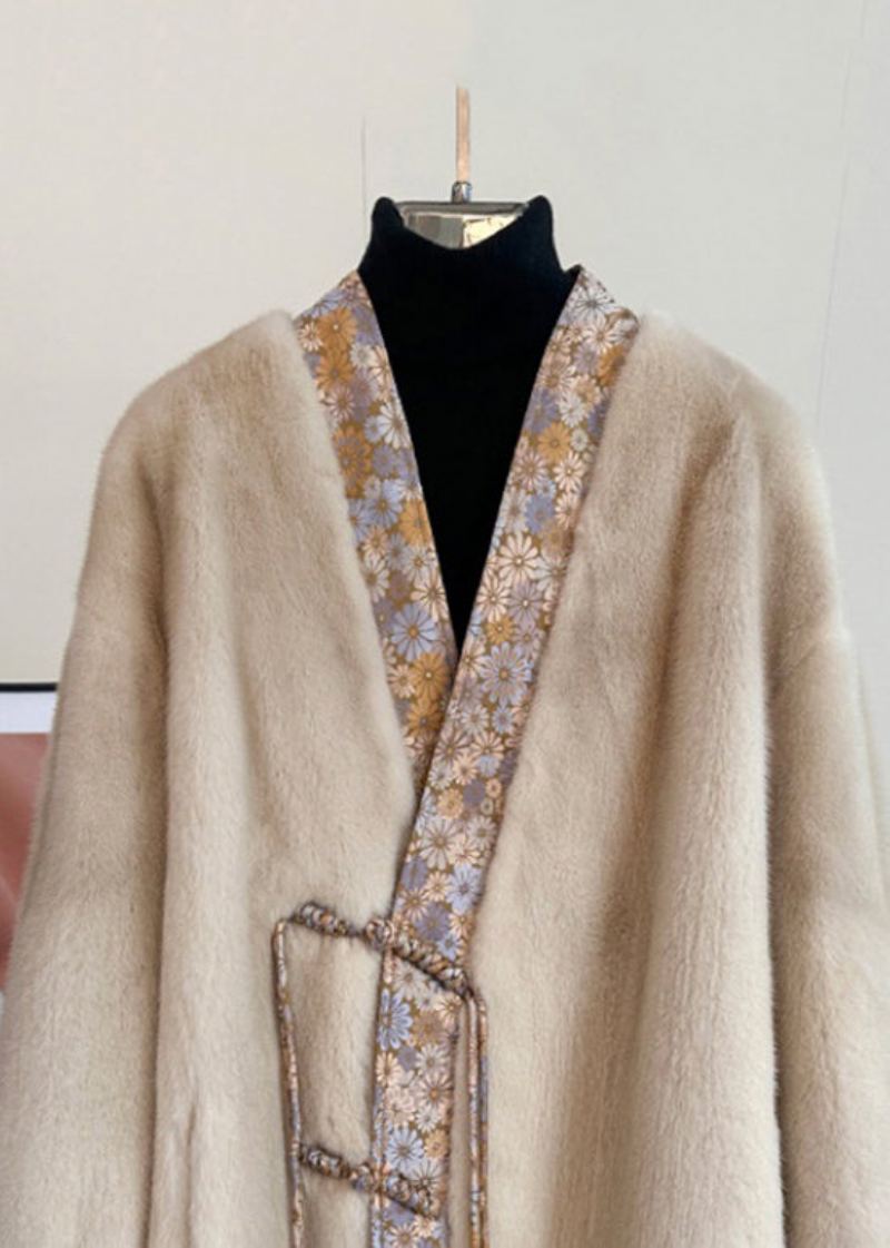 Nouveau Camel Clair Col En V Bouton Patchwork Vison Cheveux Manteaux Printemps - Manteaux d'hiver femmes