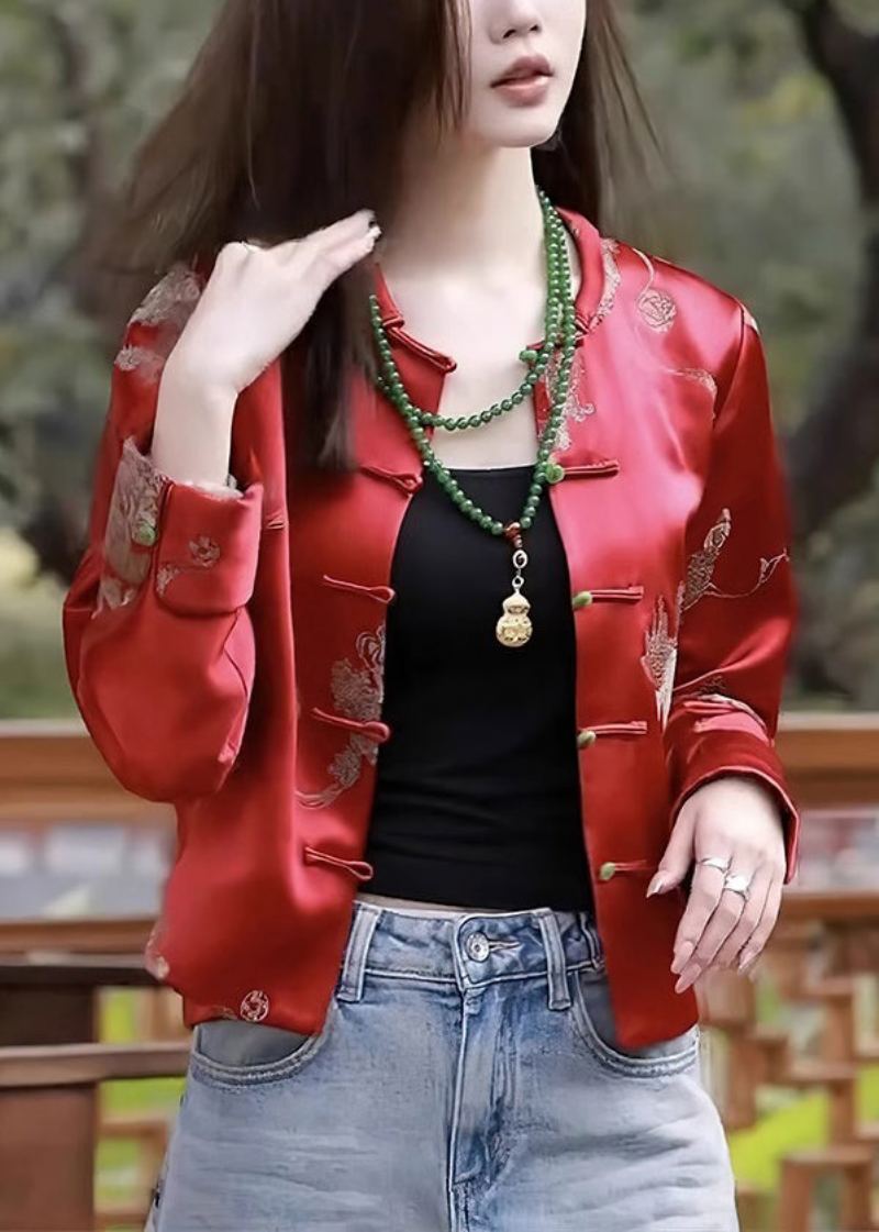 Nouveau Rouge O Cou Bouton Imprimé Manteau En Soie À Manches Longues