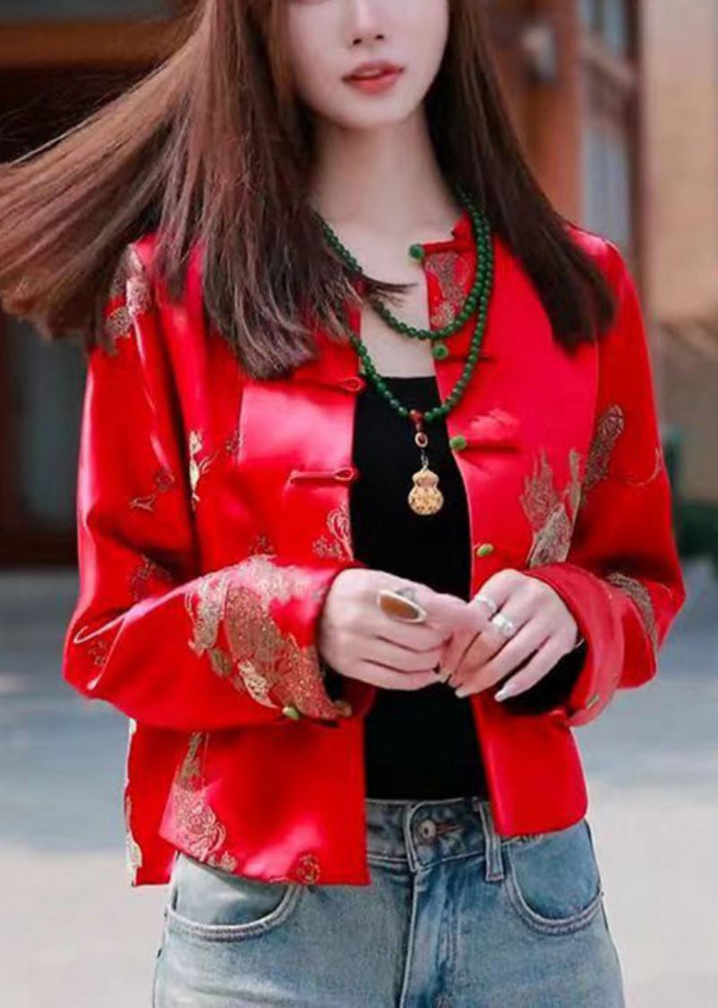 Nouveau Rouge O Cou Bouton Imprimé Manteau En Soie À Manches Longues - Manteaux d'hiver femmes
