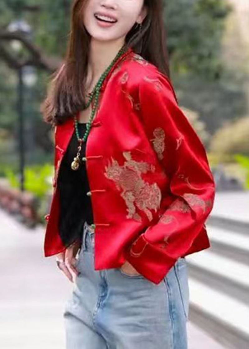 Nouveau Rouge O Cou Bouton Imprimé Manteau En Soie À Manches Longues - Manteaux d'hiver femmes