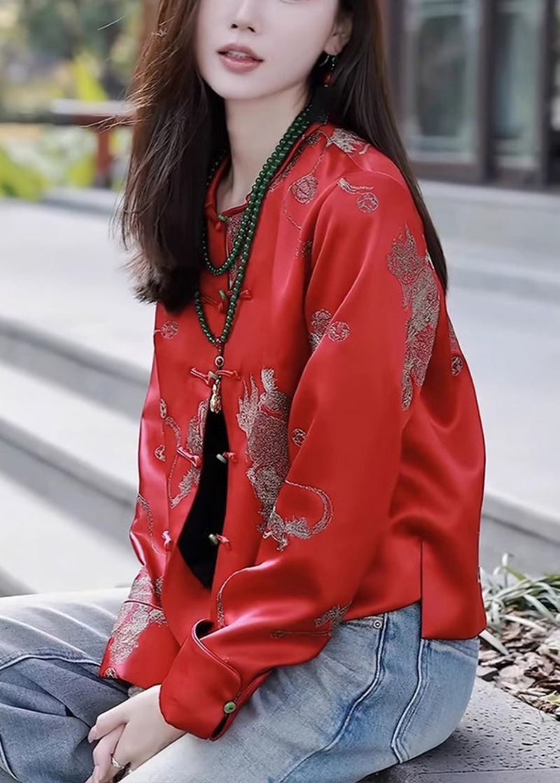 Nouveau Rouge O Cou Bouton Imprimé Manteau En Soie À Manches Longues - Manteaux d'hiver femmes