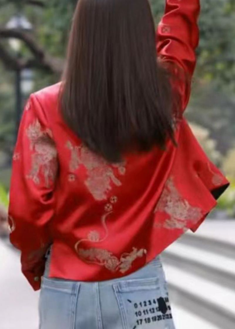 Nouveau Rouge O Cou Bouton Imprimé Manteau En Soie À Manches Longues - Manteaux d'hiver femmes