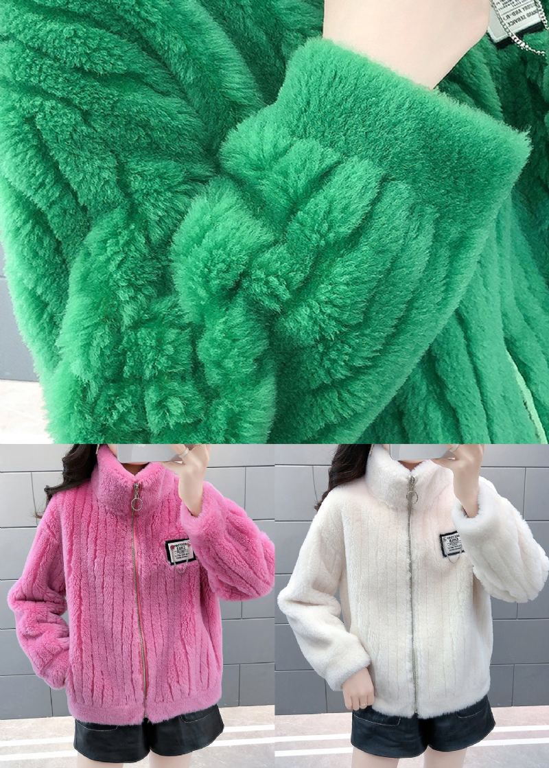 Nouveauté Vert Col Montant Zippé Manteaux En Fausse Fourrure Hiver - Vert