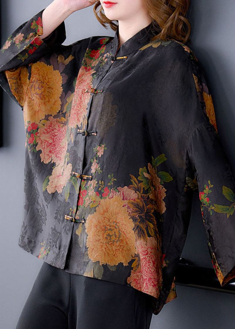 Original Rouge Grue Col Mandarin Bouton Imprimé Fleuri Manteaux En Soie À Manches Longues - Manteaux d'hiver femmes