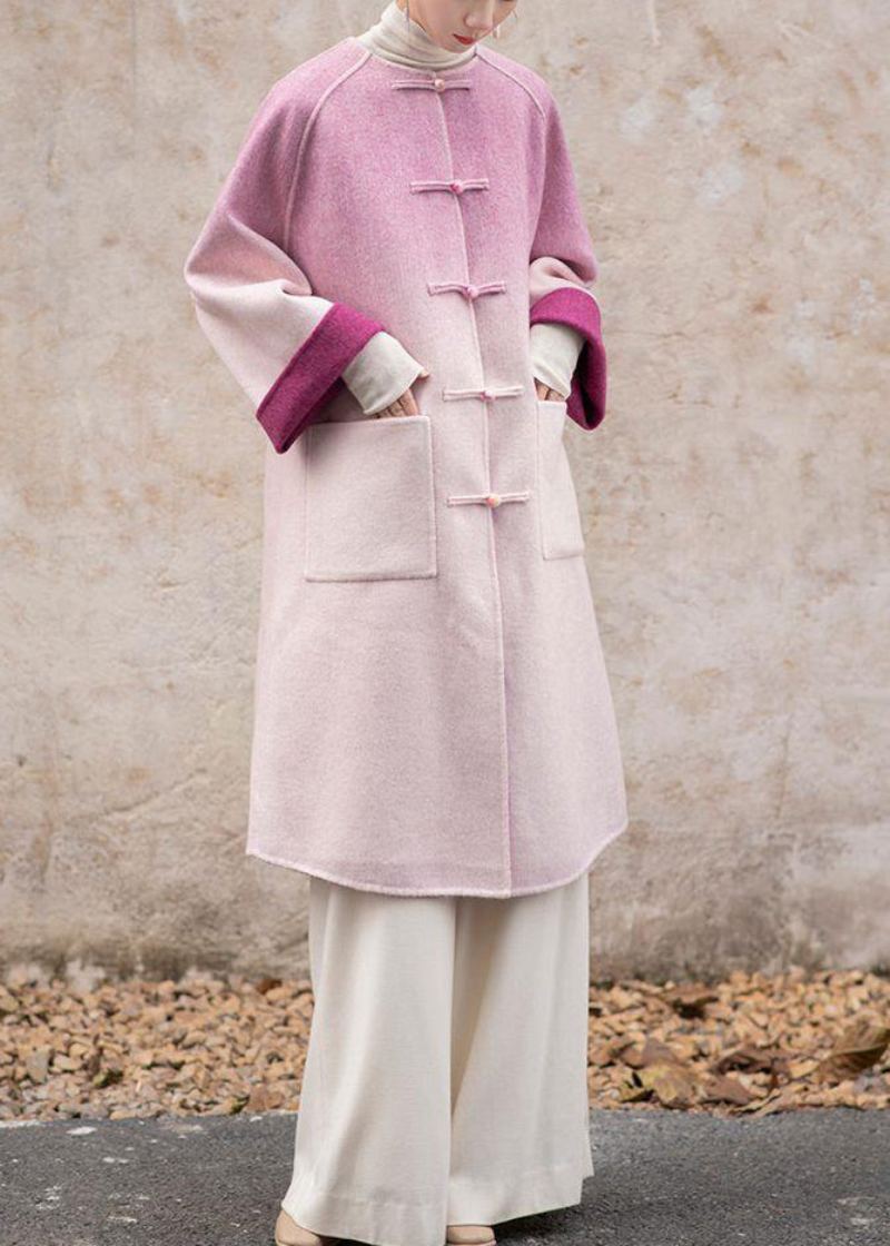 Rétro Dégradé Couleur Poches Bouton Chinois Manteau En Laine Hiver - Manteaux d'hiver femmes
