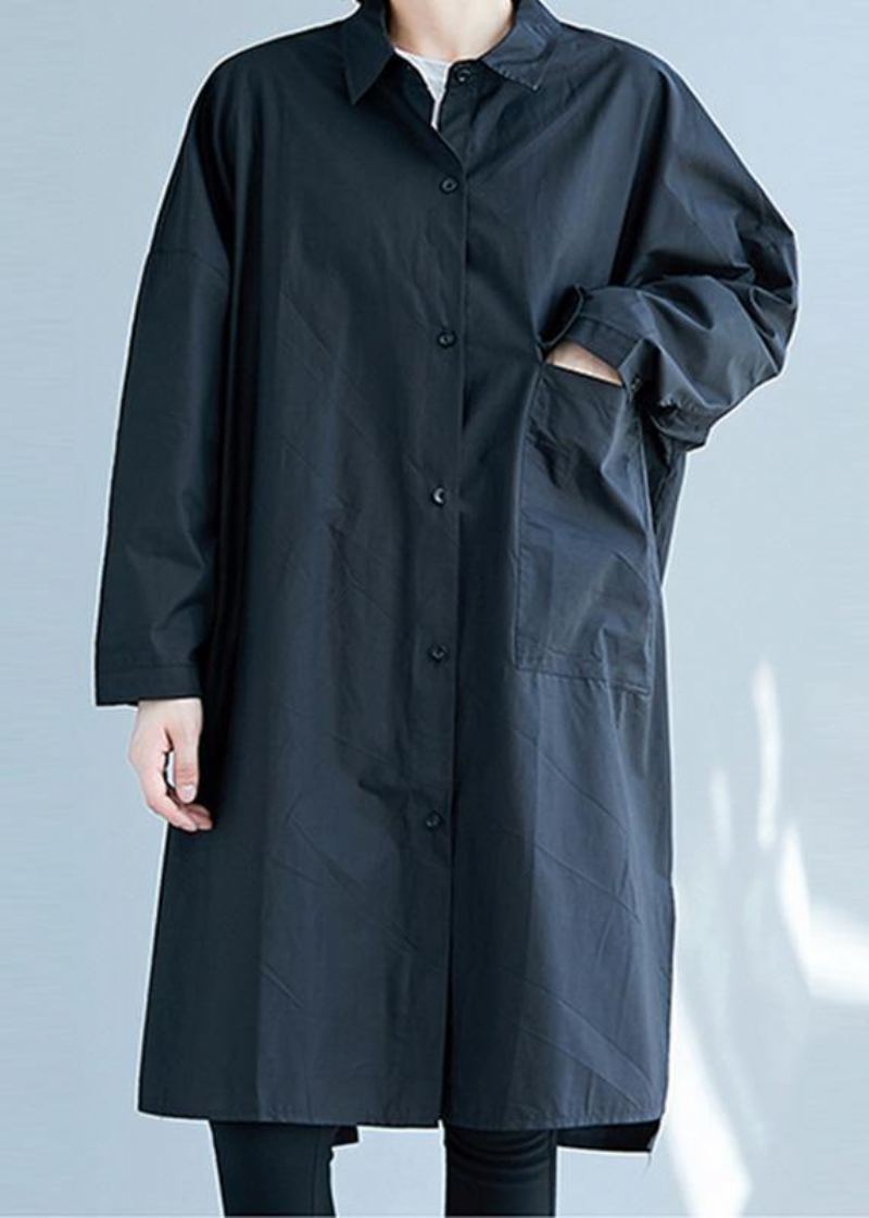 Robe Chemise D'automne En Coton Noir Français Vêtements Ouverts Sur Le Côté - Noir
