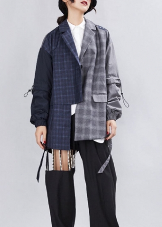 Simple Gris Patchwork Plaid Conception Asymétrique Manteaux D'automne À Manches Longues