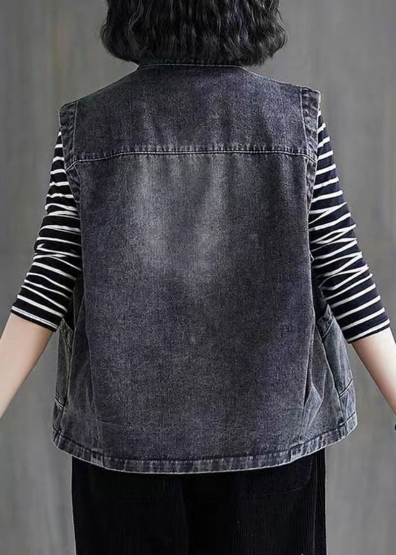 Slip Bleu Foncé Patchwork Bouton Denim Gilet Sans Manches - Bleu Foncé