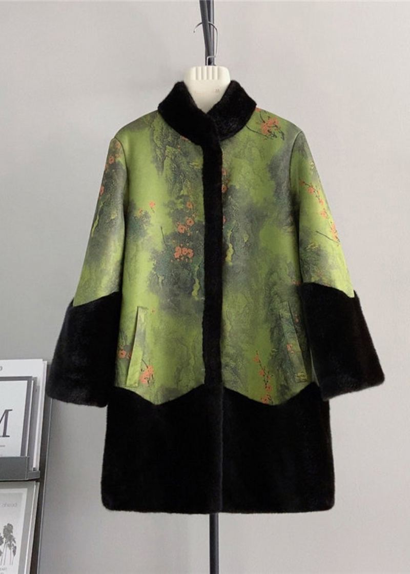 Style Chinois Colorblock Col Montant Patchwork Vison Velours Manteau Hiver