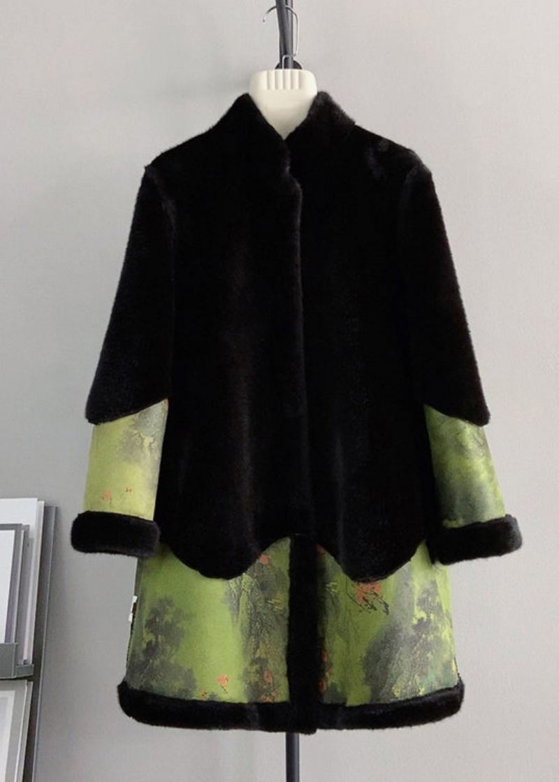 Style Chinois Colorblock Col Montant Patchwork Vison Velours Manteau Hiver - Manteaux d'hiver femmes