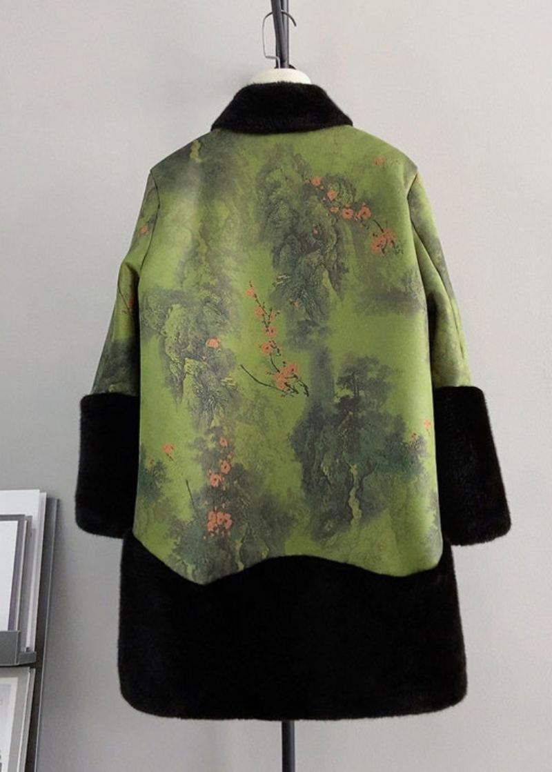 Style Chinois Colorblock Col Montant Patchwork Vison Velours Manteau Hiver - Manteaux d'hiver femmes