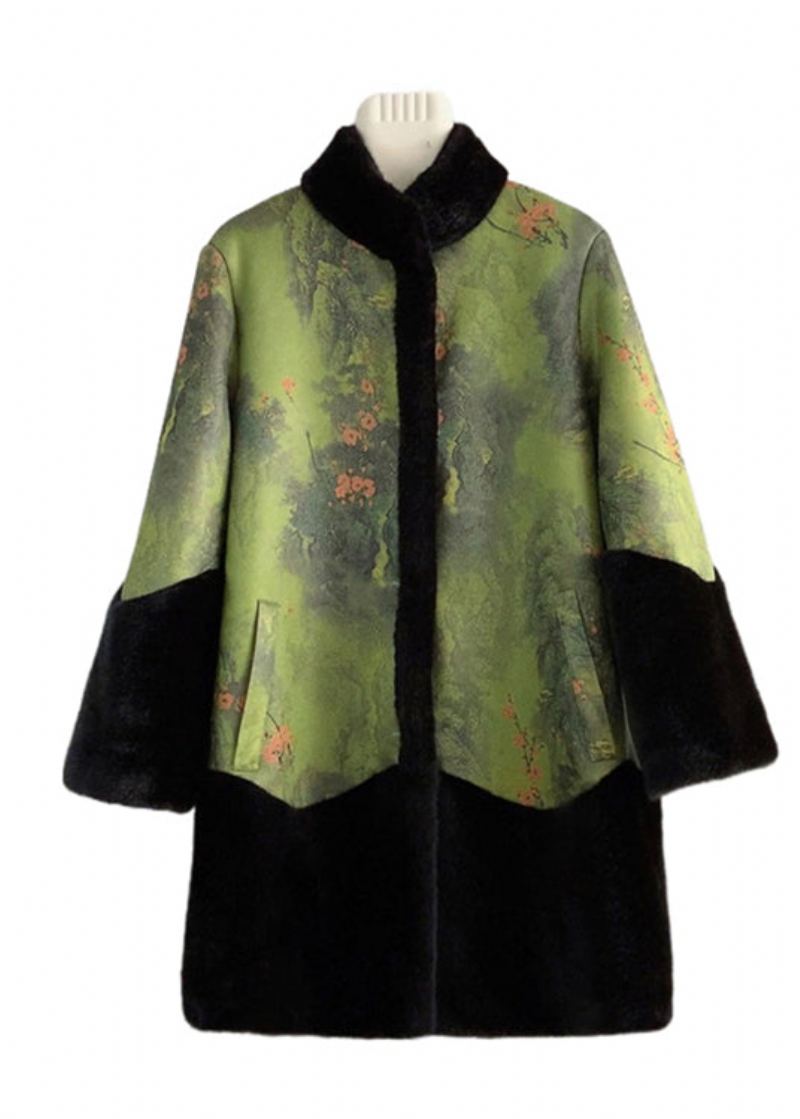 Style Chinois Colorblock Col Montant Patchwork Vison Velours Manteau Hiver - Manteaux d'hiver femmes