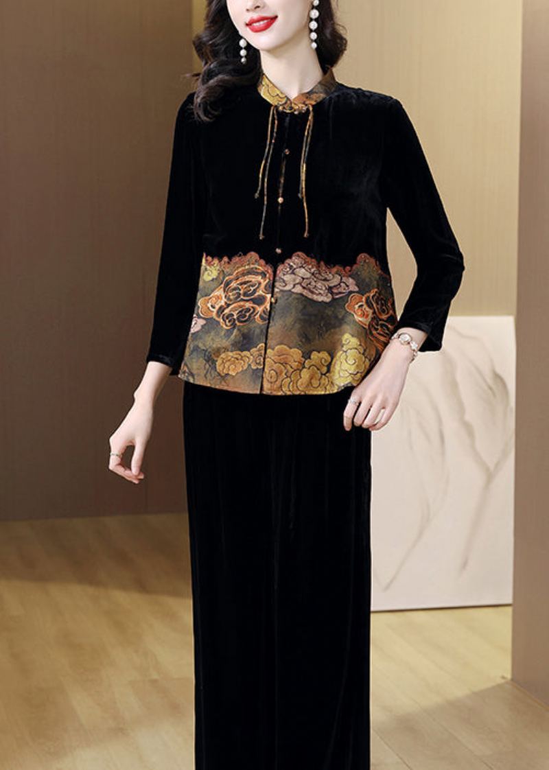 Style Chinois Noir Col Montant Imprimé Patchwork Soie Velours Vestes Printemps - Manteaux d'hiver femmes