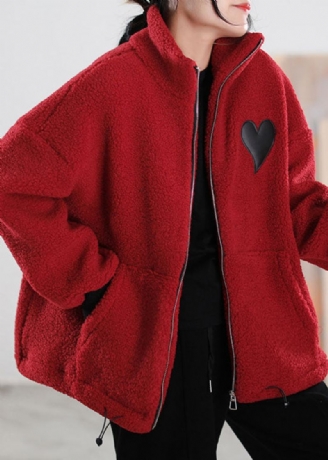 Style Manteau D'hiver En Fausse Fourrure Rouge Avec Poches Zippées