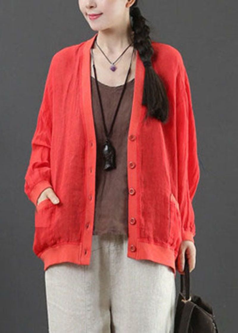 Style Rouge Col V Poches Lin Manteaux Printemps - Manteaux d'hiver femmes