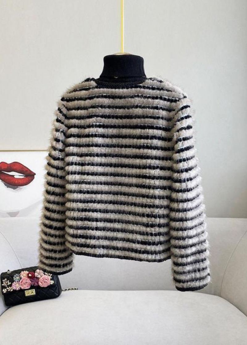 Style Veste En Velours De Vison Double Poitrine Rayée Noire Printemps - Manteaux d'hiver femmes