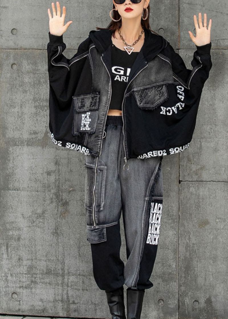 Sweat À Capuche D'automne Décontracté À Manches Chauve-souris Et Fermeture Éclair Noire En Patchwork - Manteaux d'hiver femmes