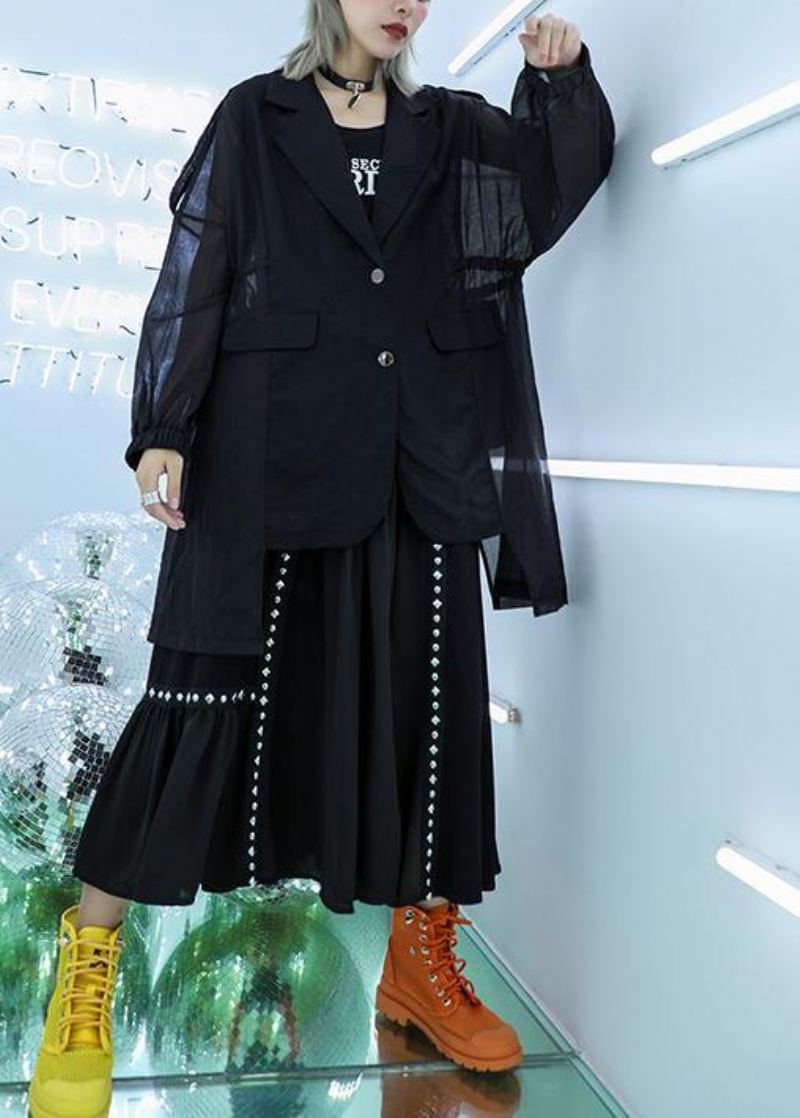 Tunique En Coton Noir Chic Haut En Tulle Patchwork Chemisier D'automne Quotidien - Manteaux d'hiver femmes
