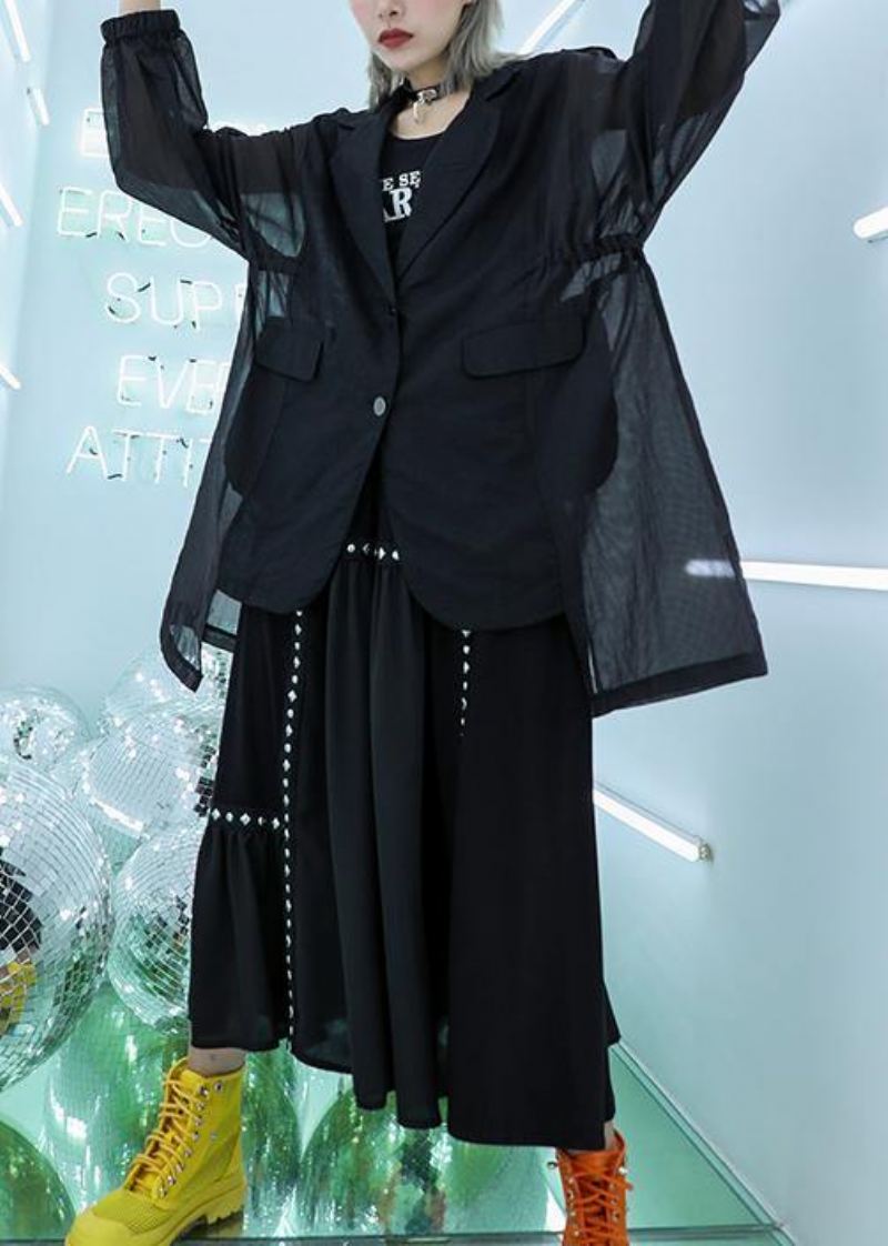 Tunique En Coton Noir Chic Haut En Tulle Patchwork Chemisier D'automne Quotidien - Manteaux d'hiver femmes
