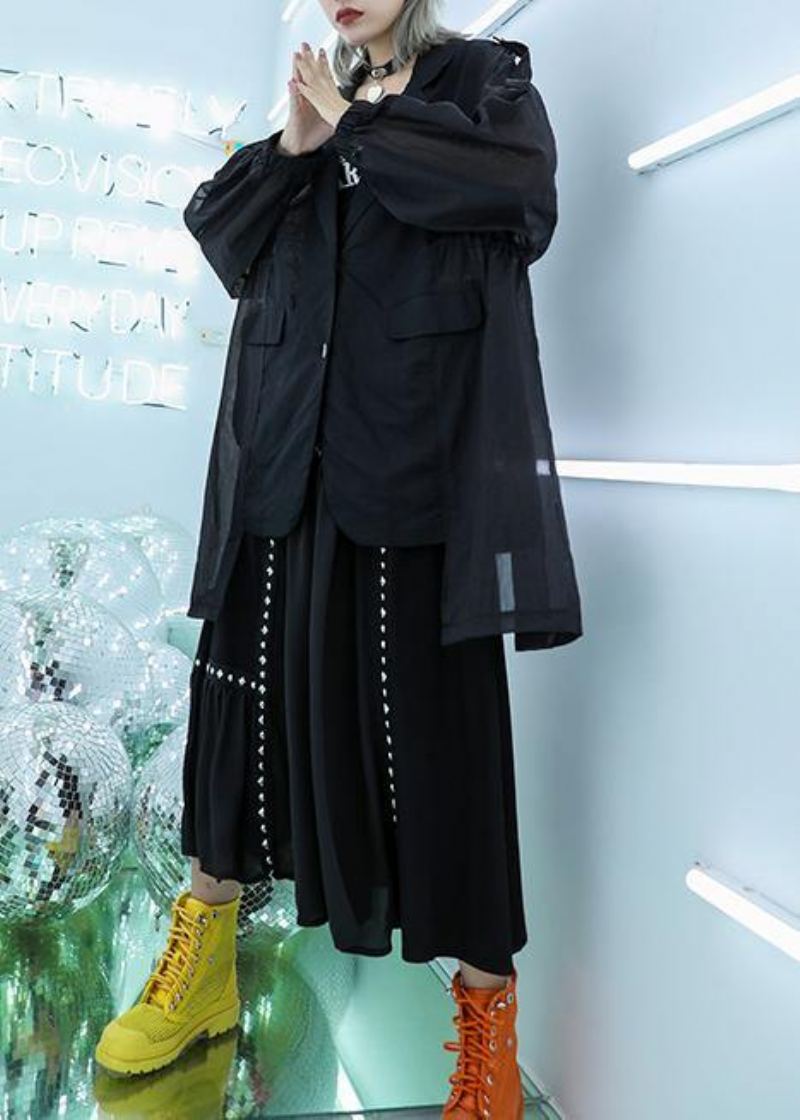 Tunique En Coton Noir Chic Haut En Tulle Patchwork Chemisier D'automne Quotidien - Manteaux d'hiver femmes