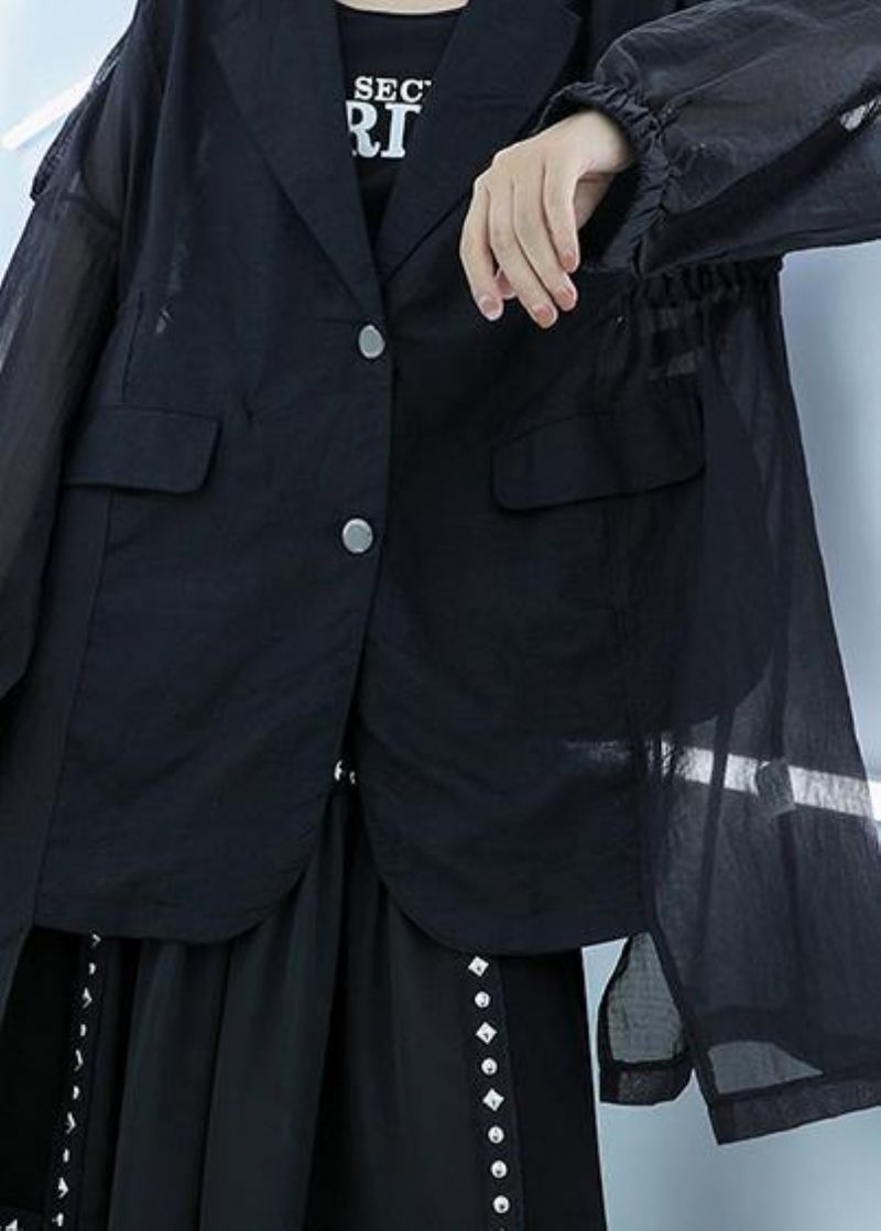 Tunique En Coton Noir Chic Haut En Tulle Patchwork Chemisier D'automne Quotidien - Manteaux d'hiver femmes