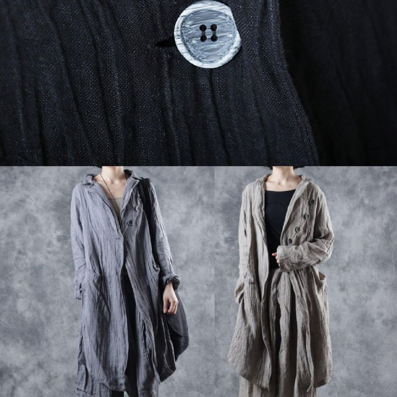 Tunique En Lin Gris Simple Col À Revers Manteau Mi-long À Manches Longues - Manteaux d'hiver femmes