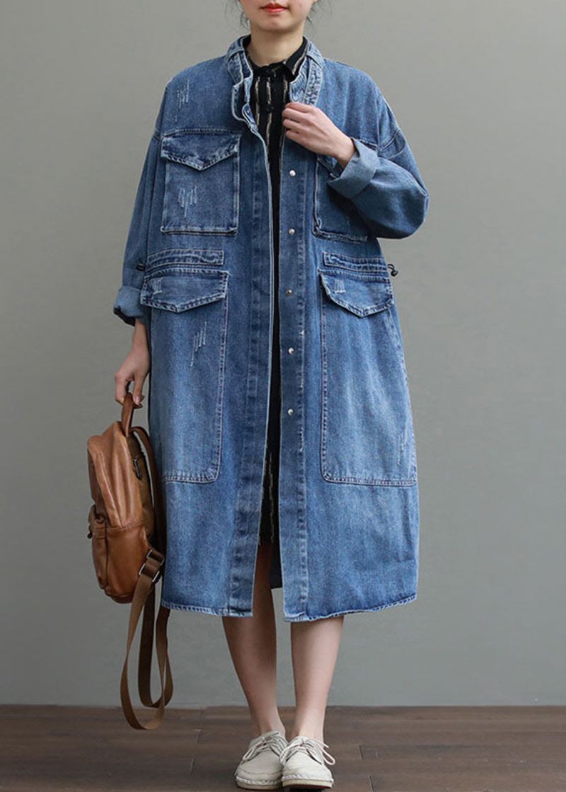 Unique Bleu Poches Bouton Lâche Automne Denim Manches Longues Manteaux Trench - Manteaux d'hiver femmes
