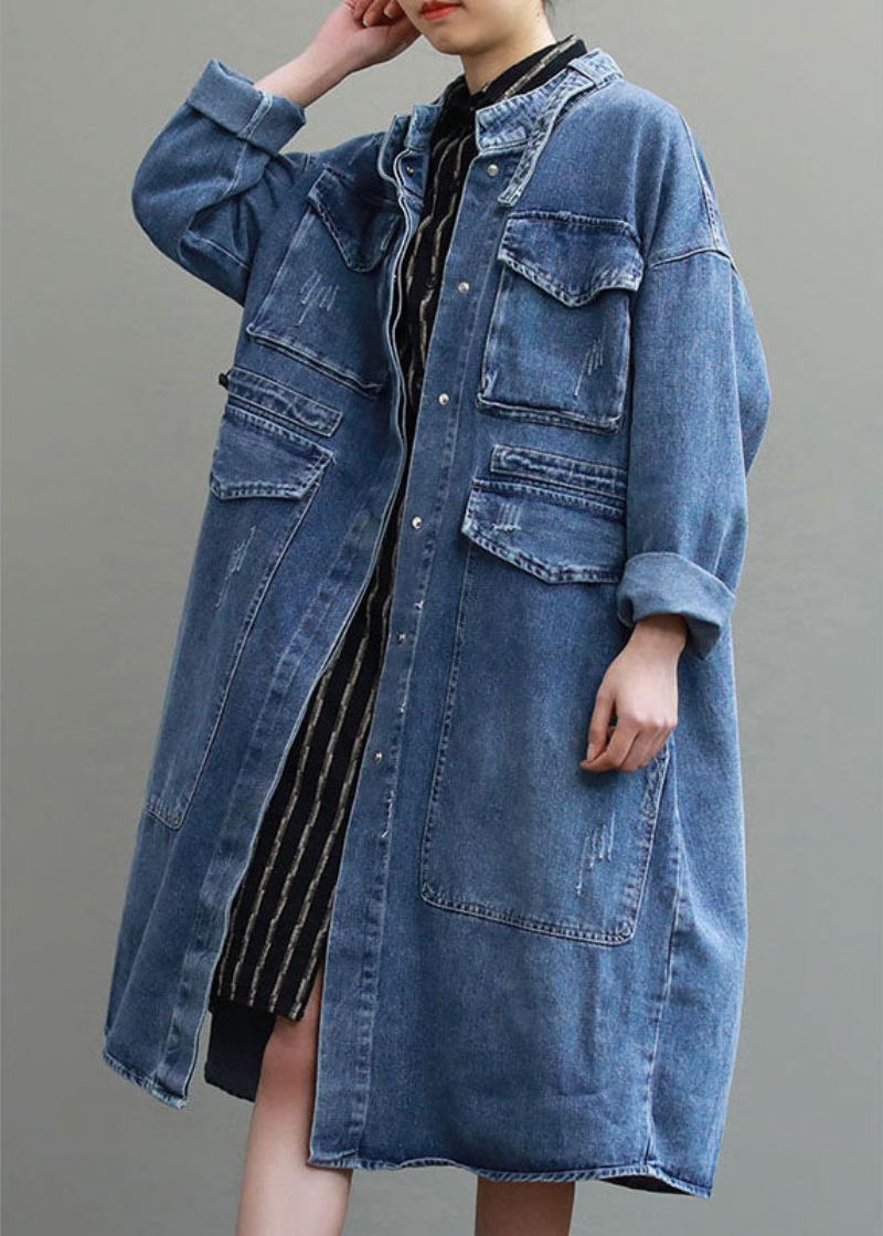 Unique Bleu Poches Bouton Lâche Automne Denim Manches Longues Manteaux Trench - Manteaux d'hiver femmes