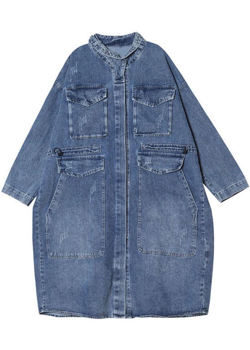 Unique Bleu Poches Bouton Lâche Automne Denim Manches Longues Manteaux Trench - Manteaux d'hiver femmes