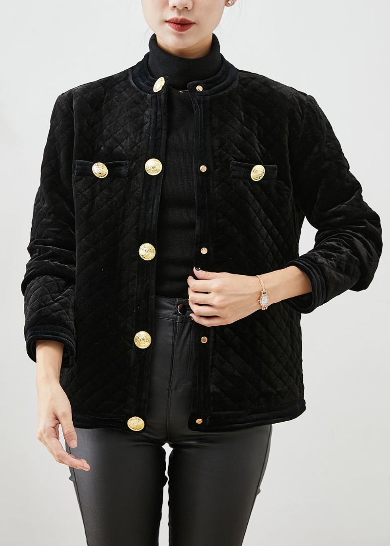 Veste D'hiver Coupe Slim Avec Boutons En Métal Noir Velours De Soie Garnissage En Coton Fin - Manteaux d'hiver femmes