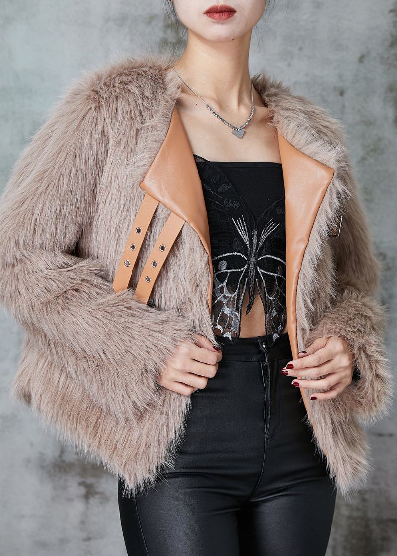 Veste Kaki En Fausse Fourrure Surdimensionnée Ouverte Sur Le Côté Pour L'hiver