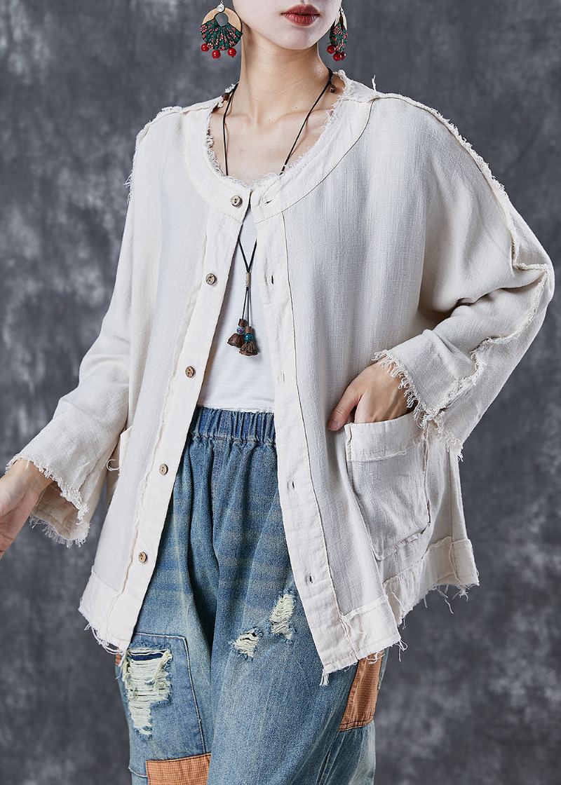 Veste En Lin Blanche Chic Avec Poches Surdimensionnées Automne