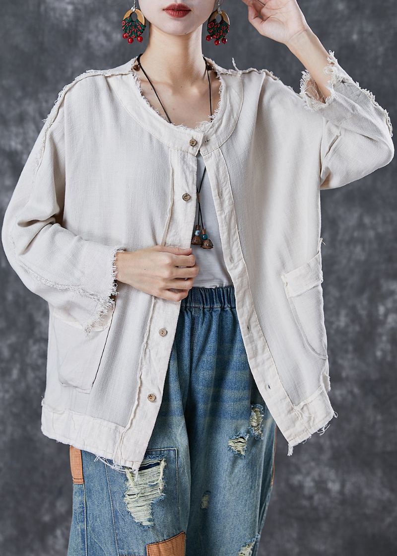 Veste En Lin Blanche Chic Avec Poches Surdimensionnées Automne - Manteaux d'hiver femmes