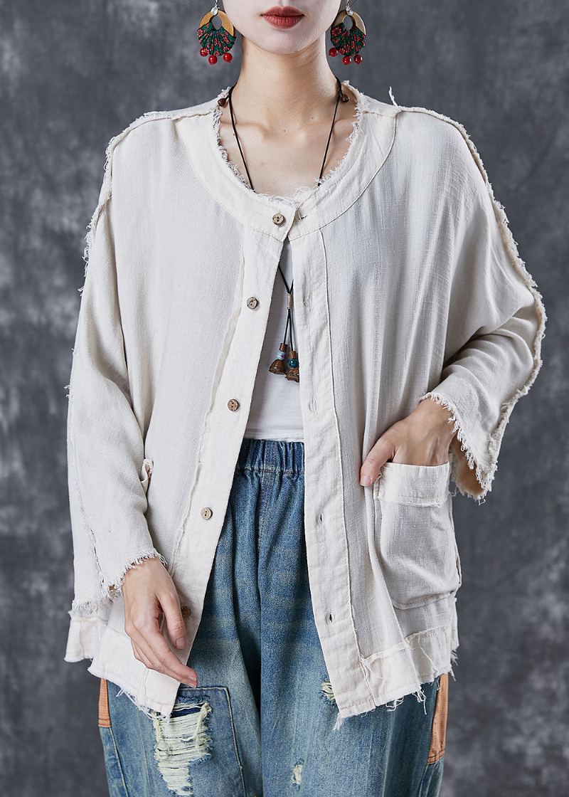 Veste En Lin Blanche Chic Avec Poches Surdimensionnées Automne - Manteaux d'hiver femmes