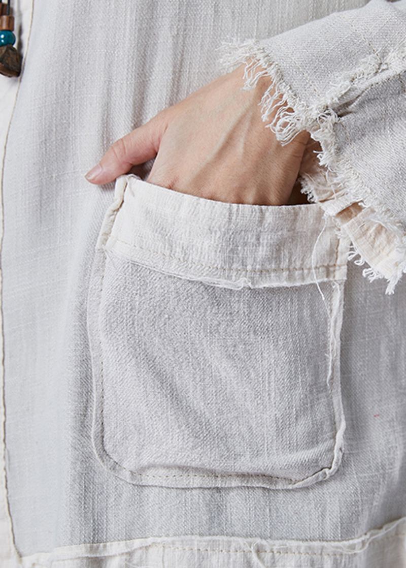 Veste En Lin Blanche Chic Avec Poches Surdimensionnées Automne - Manteaux d'hiver femmes