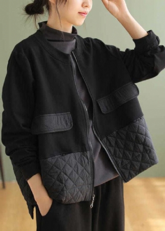 Veste Polaire Chaude Noire Avec Fermeture Éclair Grande Taille Patchwork Printemps