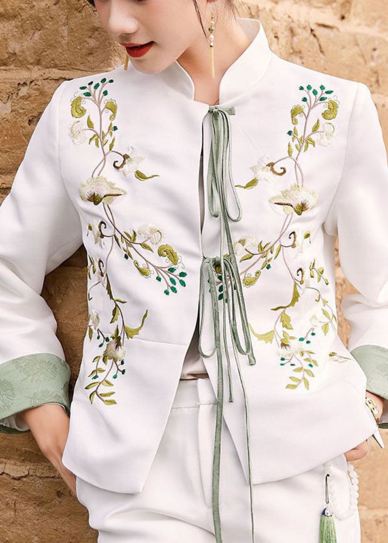 Veste En Soie Blanche Coupe Slim Col Mandarin Brodé Printemps - Manteaux d'hiver femmes