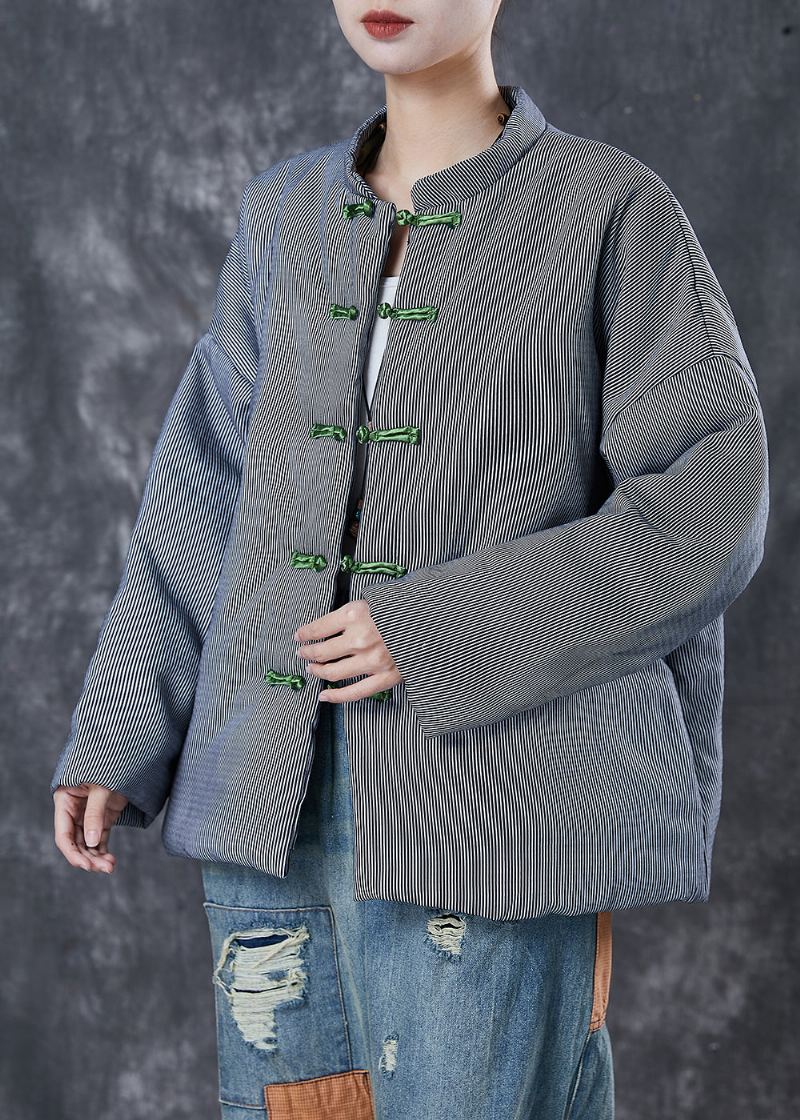 Vestes Remplies De Coton Fin Rayé Noir Bouton Chinois Hiver - Manteaux d'hiver femmes